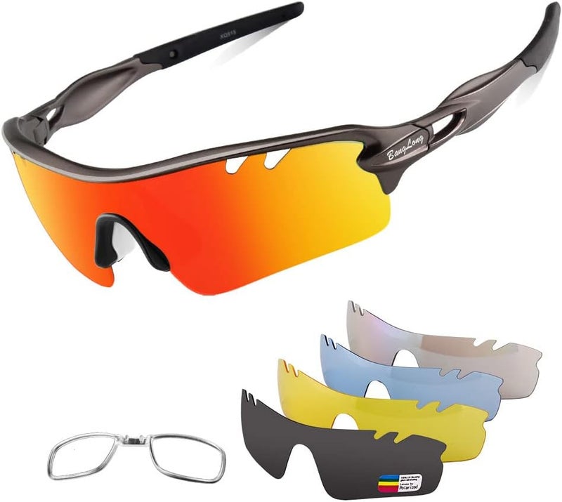 BangLong Polarized Sports Sunglasses Cycling Sun Glasses for Men Women with 5 Interchangeable Lenes for Running Baseball Golf - Image 1
